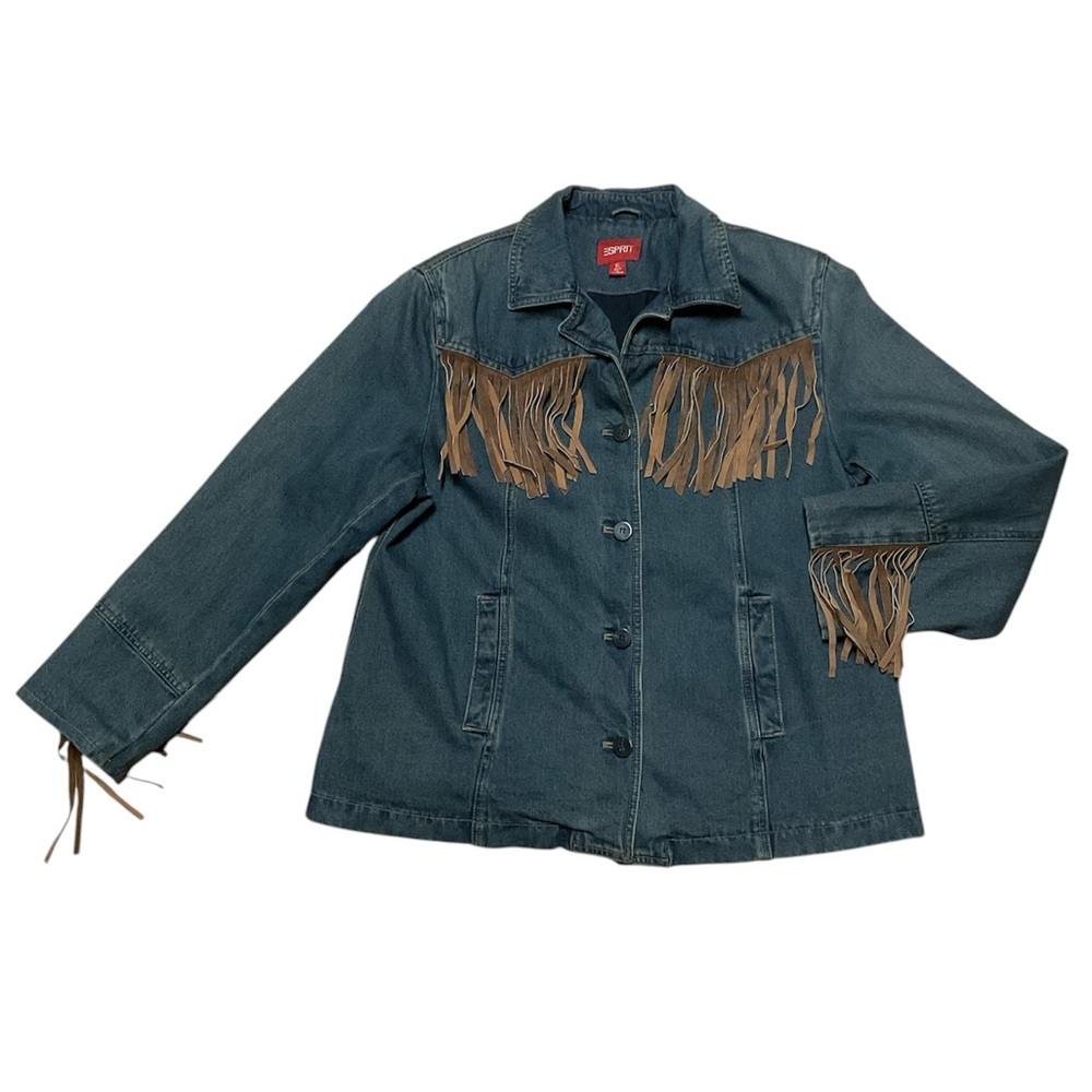 Vintage Esprit Western Jacket Women’s XL Leather Fringe Button Up Denim Coat